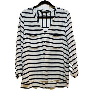 ZARA White with Navy Stripes High Low Hem Long Sleeve Tunic Shirt Sz S